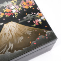 Scatola portaoggetti giapponese in resina nera con monte fuji e motivo a ciliegia, FUJI NI SHUNJU, 16,4x11,4x5,3 cm