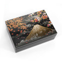 Caja de almacenamiento japonesa de resina negra con monte fuji y patrón de cereza, FUJI NI SHUNJU, 16,4x11,4x5,3cm