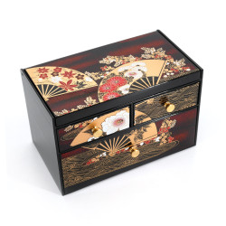 Boîte de rangement japonaise noire en résine avec miroir et tiroirs motif éventails et fleurs, MAIOHGI, 18.5x11.5x11.8cm