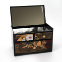 Scatola portaoggetti giapponese in resina nera con specchio e cassetti con ventagli e motivo floreale, MAIOHGI, 18.5x11.5x11.8cm