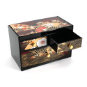 Japanische Aufbewahrungsbox aus schwarzem Kunstharz mit Spiegel und Schubladen mit Fächern und Blumenmuster, MAIOHGI, 18,5x11,5x