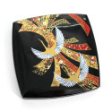 Miroir de poche japonais carré noir en résine motif grue et noeud de rubans, NOSHITSURU, 7cm