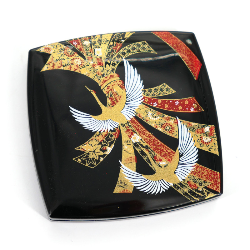 Japanese black square pocket mirror in resin with crane motif and bow of ribbons, NOSHITSURU, 7cm