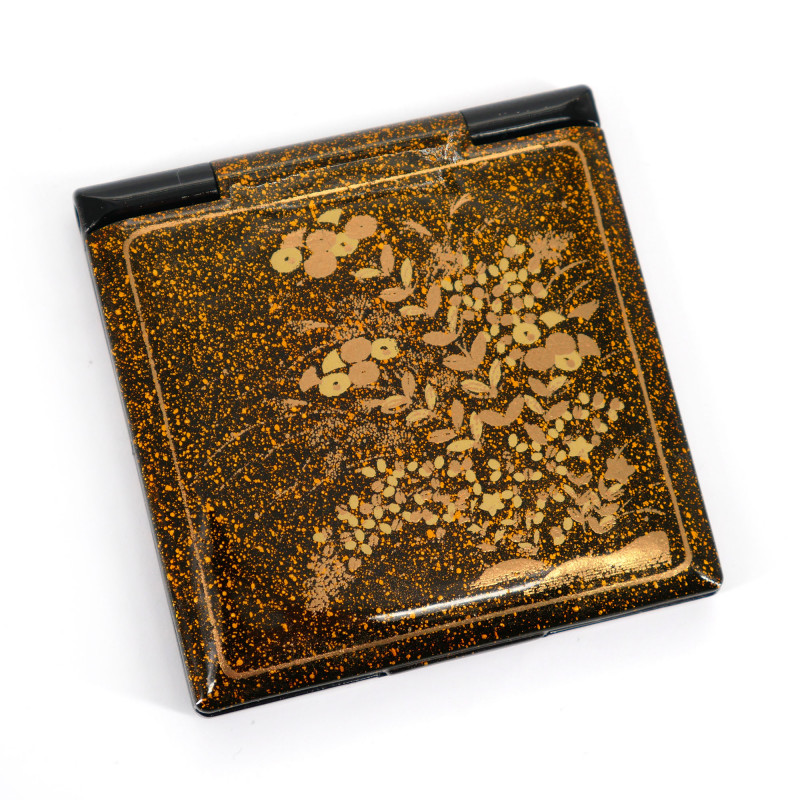 Japanese black square pocket mirror in resin with golden flowers pattern, KINAKIKUSA, 7cm