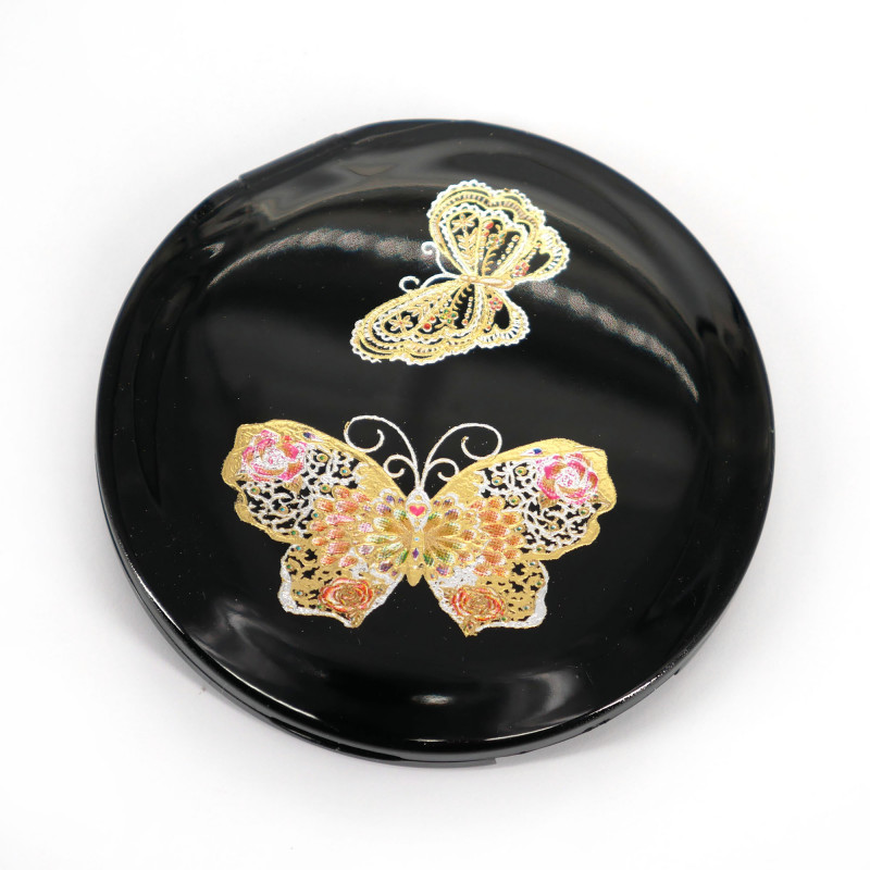 Miroir de poche japonais rond noir en résine motif papillons, CHO, 7cm