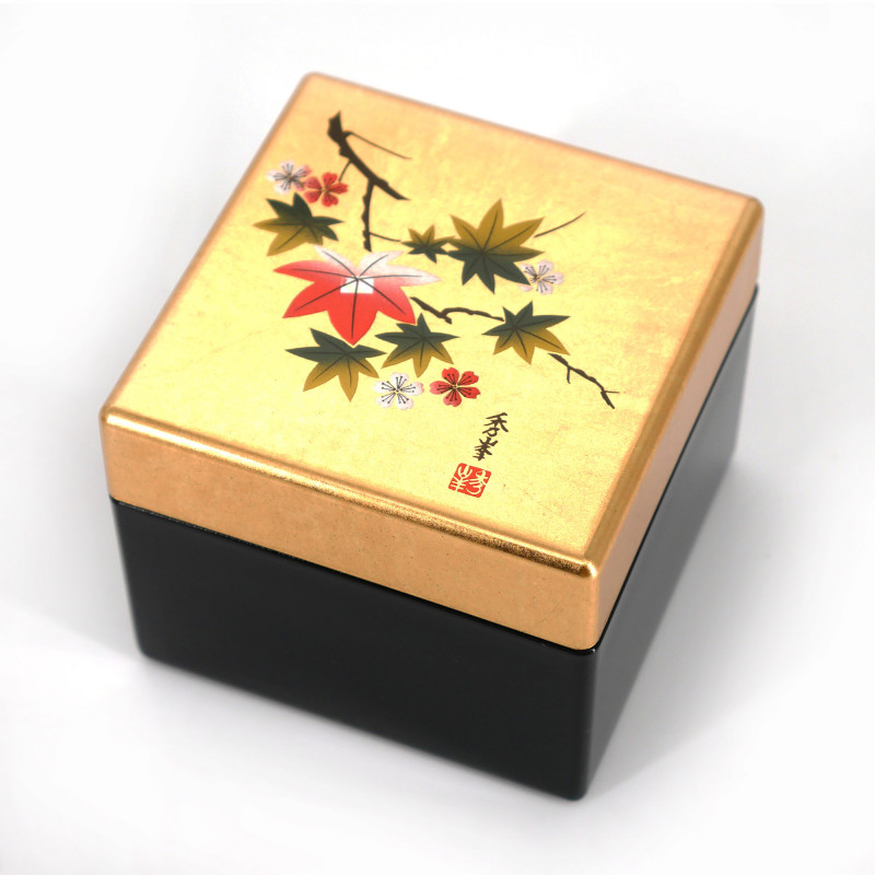 Boîte de rangement japonaise dorée en résine motif fleurs de cerisier et feuilles d'érable, HANAICHIMONME, 8x8x6.5cm