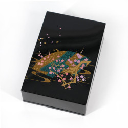 Caja de almacenamiento japonesa de resina negra en resina con abanico ondulado y rama de cerezo, HANAOHGI, 11x7,5x3,3cm