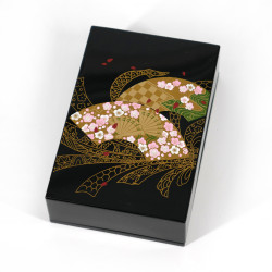 Japanische schwarze Aufbewahrungsbox aus Resin mit Fächermuster und Bändern, MUSUBISENMEN, 11x7,5x3,3cm
