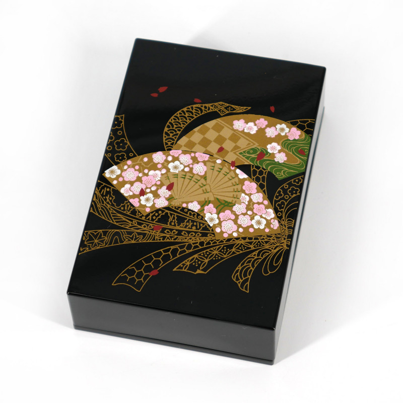 Caja de almacenamiento japonesa de resina negra con patrón de abanico y cintas, MUSUBISENMEN, 11x7.5x3.3cm