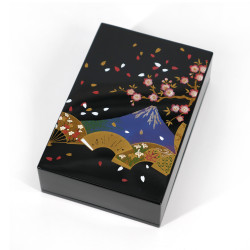 Boîte de rangement japonaise noire en résine motif éventail mont Fuji et cerisier, SENMENFUJI, 11x7.5x3cm