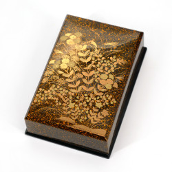 Boîte de rangement japonaise noire en résine motif fleurs dorées, KINAKIKUSA, 9.5x8x2.8cm