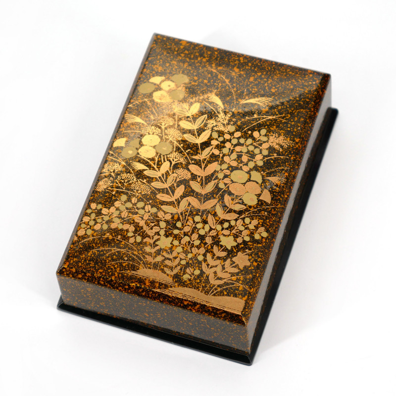 Japanische Aufbewahrungsbox aus schwarzem Kunstharz mit goldenem Blumenmuster, KINAKIKUSA, 9,5x8x2,8cm