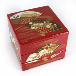 Boîte à repas japonaise jyubako rouge motif éventails, NAMISENMEN, 20x20x16cm