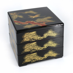 Japanese black jyubako lunch box with pine and crane pattern, SHOKAKU, 20x20x16cm