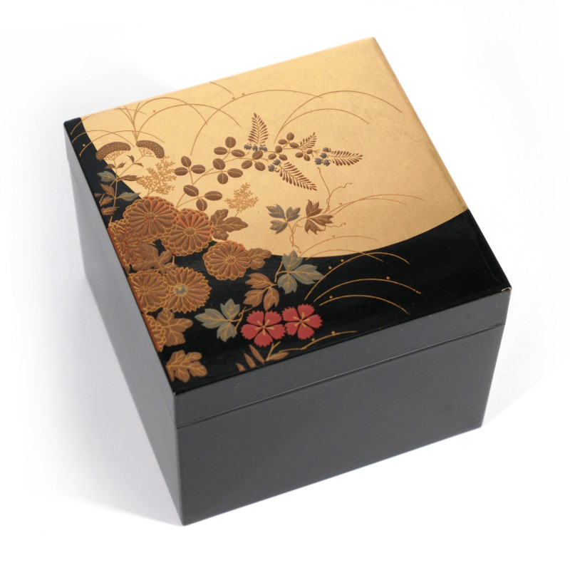 Japanische schwarz-goldene Aufbewahrungsbox aus Harz mit Blumenmuster, HANANO, 10x10x7cm