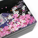Scatola portaoggetti giapponese in resina nera con motivo Monte Fuji e fiori di ciliegio, FUJISAKURA, 13,4x9x5,3 cm