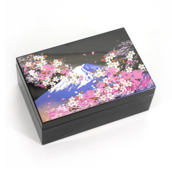 Boîte de rangement japonaise noire en résine motif mont Fuji et fleurs de cerisier, FUJISAKURA, 13.4x9x5.3cm