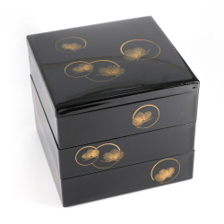 Japanese black jyubako lunch box with pine pattern, KOURINMATSU, 19.8x19.8x18.4cm