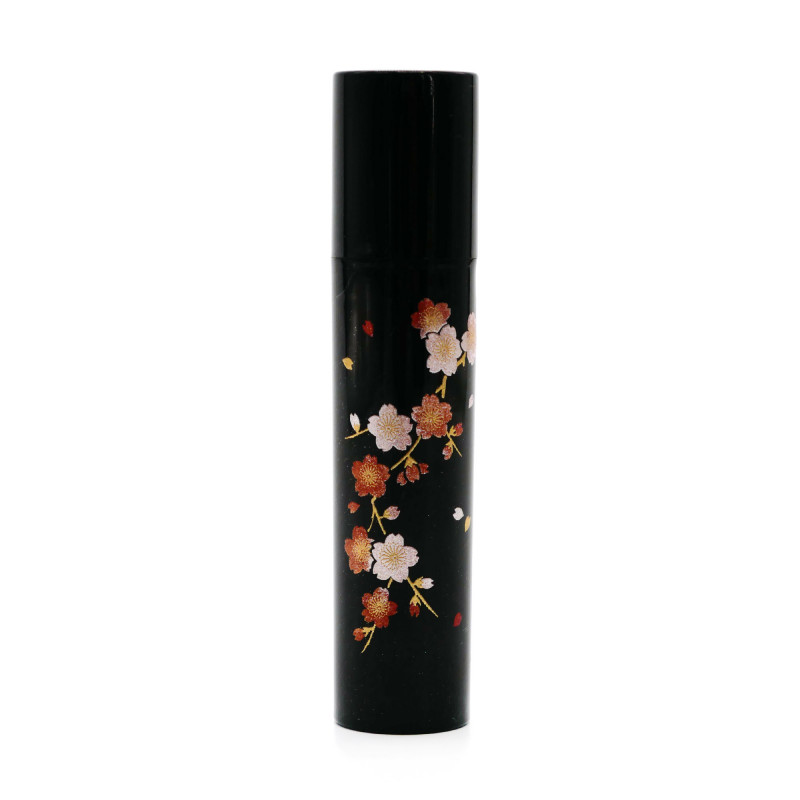 Pequeño tubo de almacenamiento de resina japonesa negra con patrón de flor de cerezo, SAKURA, 1.8x9cm