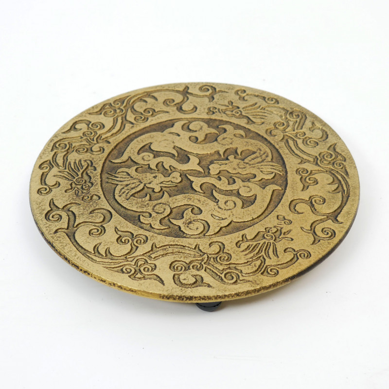 Salvamanteles japonés de hierro fundido negro y dorado, RYU, dragón, 14cm