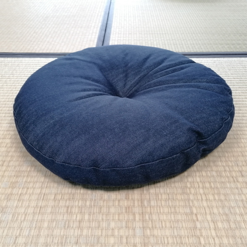 Round meditation cushion, ZABUTON, blue DENIM fabric