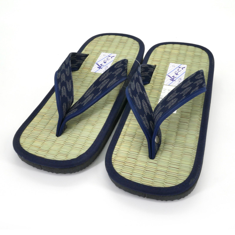 sandales japonaises zori paille de riz Goza lanières bleues flèches