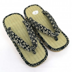 pair of Japanese sandals - Zori straw goza for men, FLOWER 027, blue