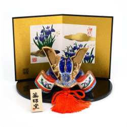 Japanese ornament blue and orange kabuto helmet and ceramic iris pattern, SHUSSEKABUTO, 7.5 cm