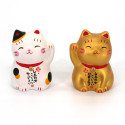 Japanese Manekineko white and gold ceramic lucky cat duo, NINEKO, 4.5 cm