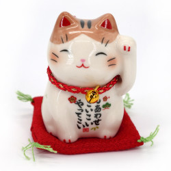 Gato de la suerte japonés manekineko blanco y marrón en cerámica, CHATORA, 6 cm