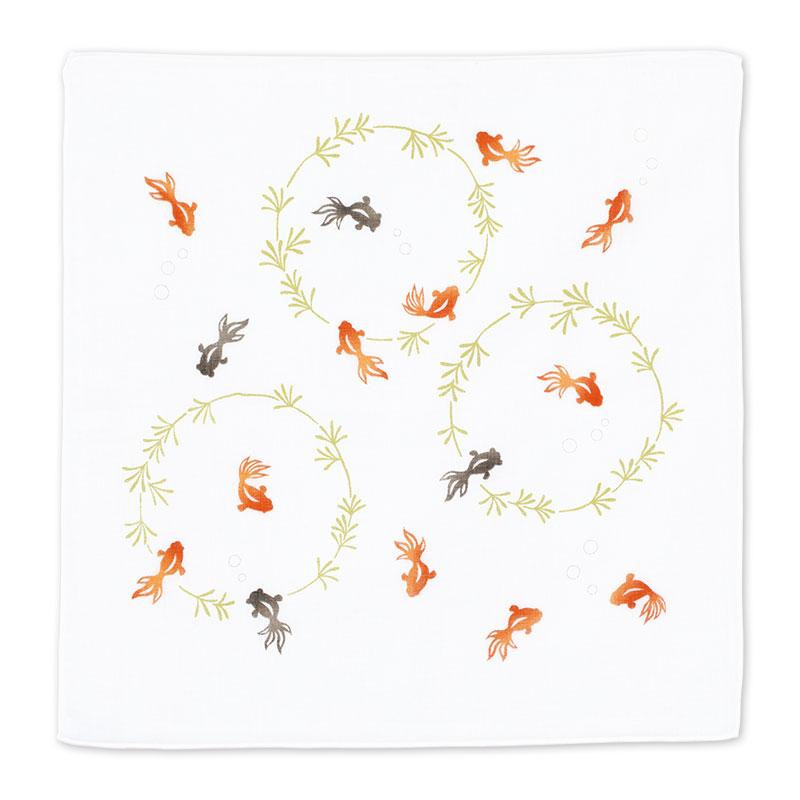 Japanese cotton handkerchief with fish pattern, KINGYO, 35 x 35 cm
