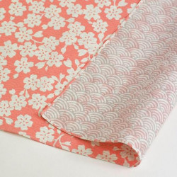 Japanese reversible furoshiki in pink and gray cotton with cherry blossom and wave pattern, SAKURA NAMI, 48 x 48 cm