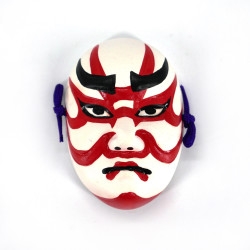 Mini masque nô représentant un maquillage traditionnel blanc et rouge en céramique, KUMADORI, 5.4 cm