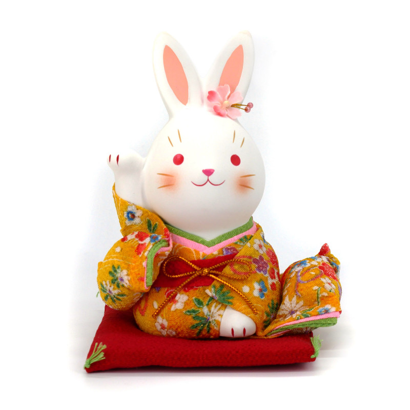 Großes japanisches weißes Kaninchen aus Keramik in gelbem Kimono, HANAUSAGI, 14 cm
