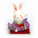 Großes japanisches weißes Kaninchen-Ornament aus Keramik in lila Kimono, HANAUSAGI, 14 cm