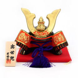 Japanischer Ornament schwarzgoldener und orangefarbener Kabuto-Helm aus Keramik, HEIAN, 11 cm