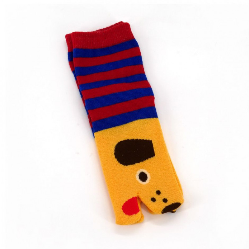 Chaussettes japonaises tabi en coton pour enfant jaune motif tête de chien, KAWAII INU, 13-18 ou 19-24cm