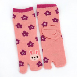 Japanische Baumwoll-Tabisocken für Kinder in rosa Hasen- und Kirschblütenmuster, USAGI SAKURA, 13-18 oder 19-24cm