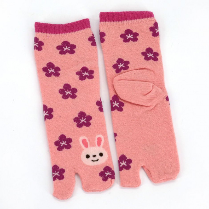 Calzini tabi giapponesi in cotone per bambini con motivo coniglio rosa e fiori di ciliegio, USAGI SAKURA, 13-18 o 19-24 cm