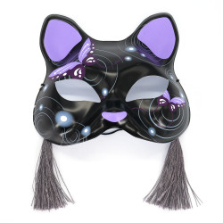Demi-masque japonais de chat noir et violet motif papillon, NEKOMASUKU
