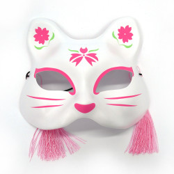 Mezza maschera giapponese di gatto bianco e rosa con motivo a fiori di ciliegio, NEKOMASUKU