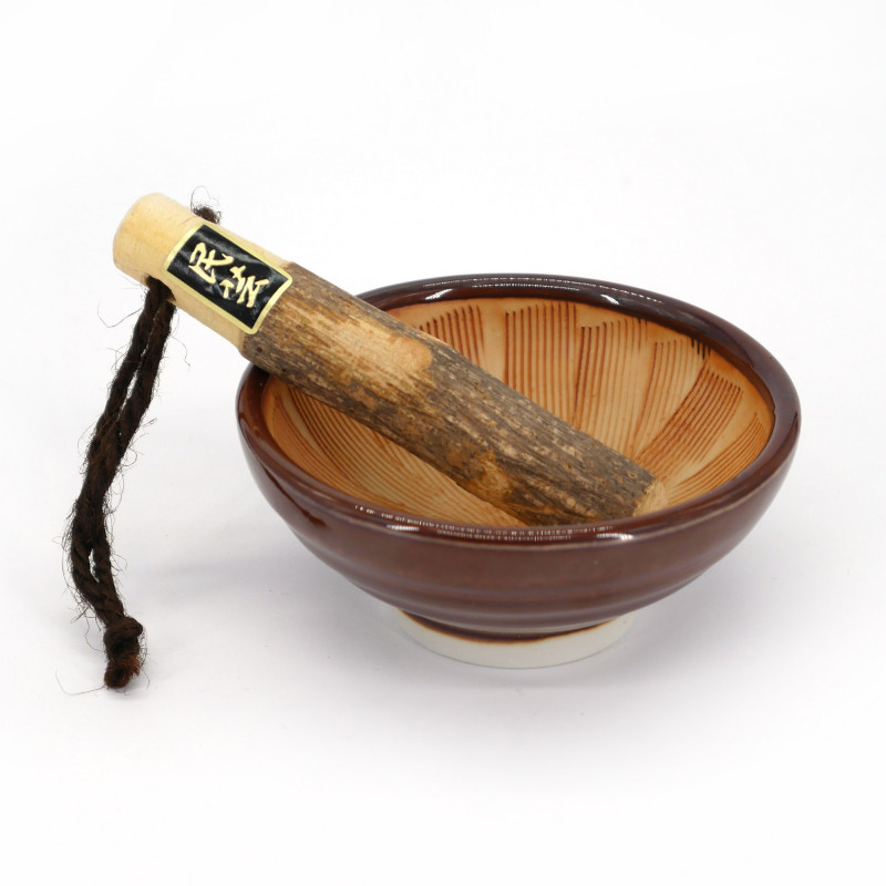 Japanese ceramic suribachi bowl with its wooden pestle, SURITARO, 8.5cm