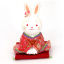 Großes japanisches weißes Kaninchen aus Keramik in rosa Kimono, OJIGI, 14 cm