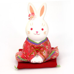 Grande ornamento di coniglio bianco giapponese in ceramica in kimono rosa, OJIGI, 14 cm