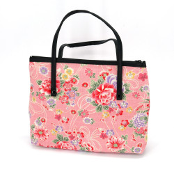 Bolso de mano de algodón japonés rosa con estampado de flores, HYAKKA, 28 x 22 cm