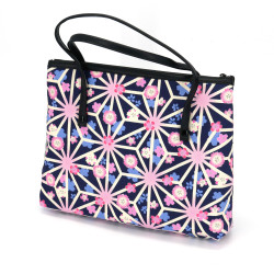 Black Japanese cotton handbag with asanoha pattern and cherry blossoms, HYAKKA, 28 x 22 cm