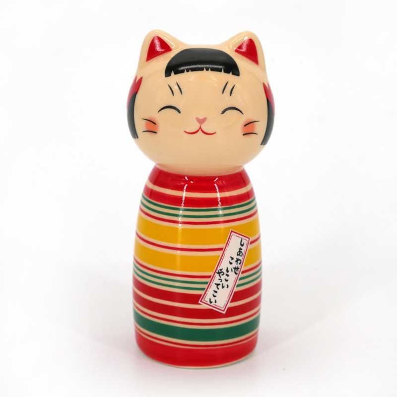 Chat poupée kokeshi en céramique, ROKURO, 9 cm
