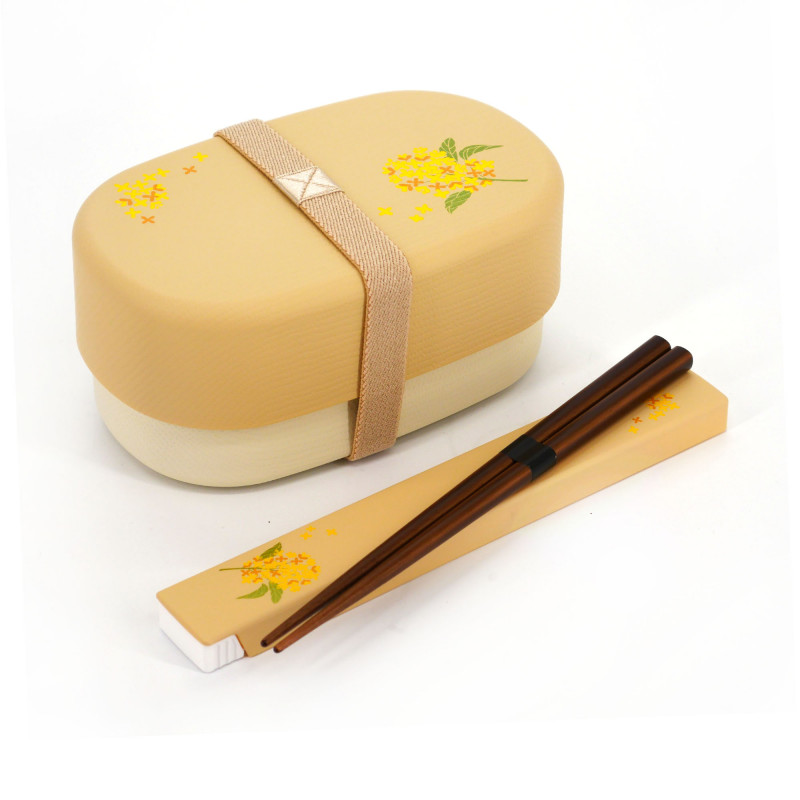 Boîte à repas Bento japonaise ovale beige motif fleur jaune avec une paire de baguettes assortie, KINMOKUSEI, 15.5cm