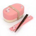 Boîte à repas Bento japonaise ovale rose motif fleur cosmos avec une paire de baguettes assortie, COSUMOSU, 15.5cm