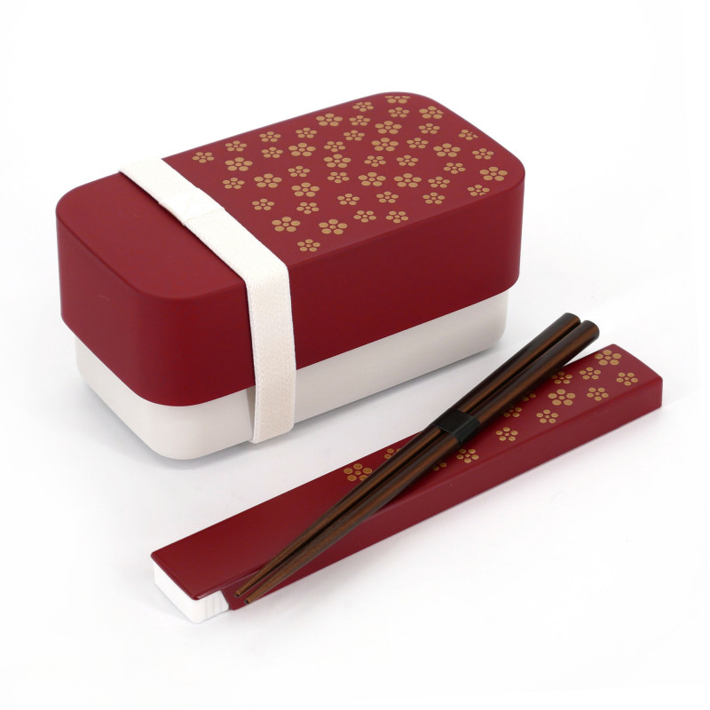 Red rectangular Japanese bento lunch box with golden plum flowers and its matching pair of chopsticks, UMEFUMI, 15.4cm